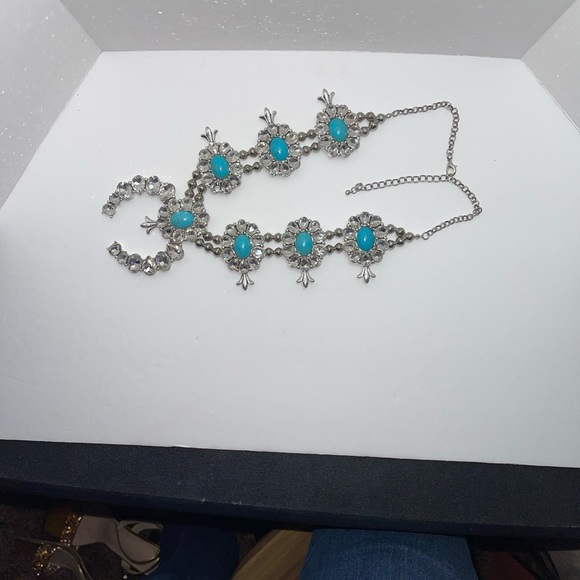 Silver tone squash blossom necklace with rhinestones & faux turquoise - Picture 8 of 13